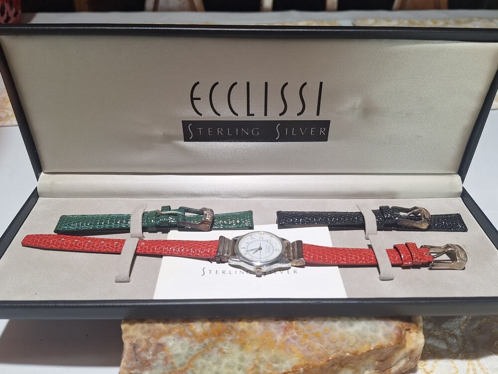 Ecclissi Sterling Silver Watch Model 232 NOS Unworn 3 Unused Leather Bands Box